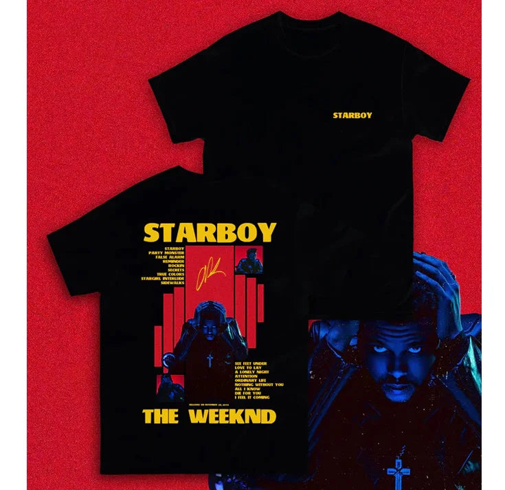 Rapper THE WEEKND STARBOY Album 2025 Merch T Shirts Men's Street Gothic Hip Hop Retro Cotton Short Sleeve T-shirt Y2k Streetwear