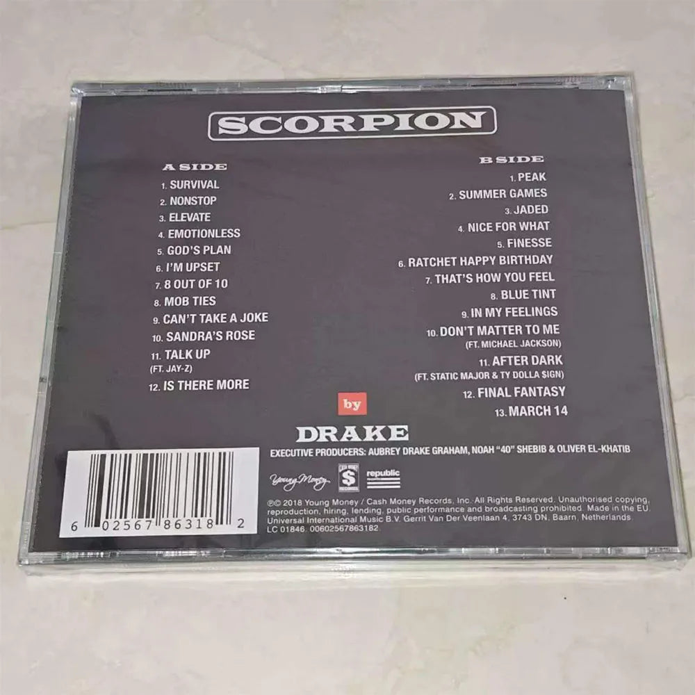 CD 'Scorpion' is the fifth studio album by Canadian rapper Drake, and it is also a double album, released on June 29, 2018.